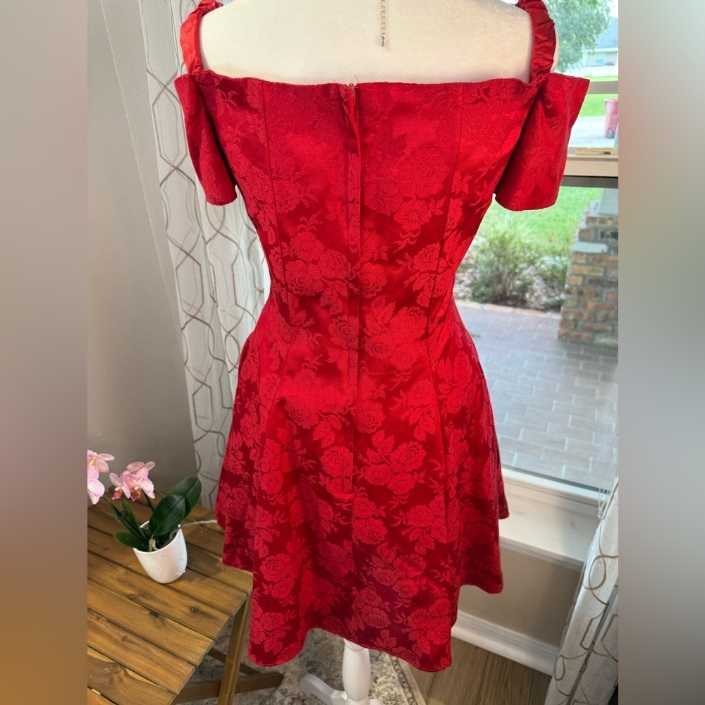 Vintage Gunne Sax Dress Womens 12 Red Jacquard Floral A-Line V-Neck Made USA 90s - Picture 9 of 9